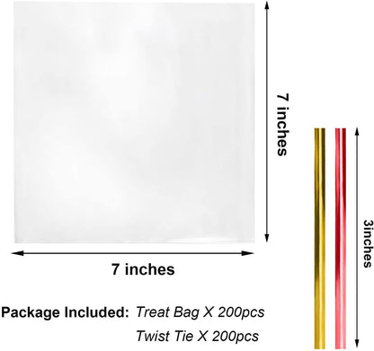 Cello Cellophane Treat Bags,5x7 Inches Clear Cellophane Bags 200 Pcs OPP Plastic Treat Bags with 200 Twist Ties for Gift Wrapping,Packaging Candies,Dessert,Bakery, Cookies, Chocolate,Party Favor