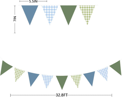 32Ft Dusty Blue Party Decorations Retro Blue Gingham Triangle Banner Flag Pennant Fabric Garland Streamers for Nautical Wedding Birthday Ahoy Achor Bridal Baby Shower Under The Sea Decor Supplies