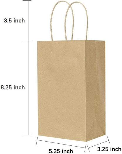 Oikss 100 Pack 5.25x3.25x8.25 Inch Small White Kraft Paper Bags with Handles Bulk for Birthday Wedding Party Favors Grocery Retail Shopping Business Goody Craft Gift Bags Cub Sacks (100pcs Count)