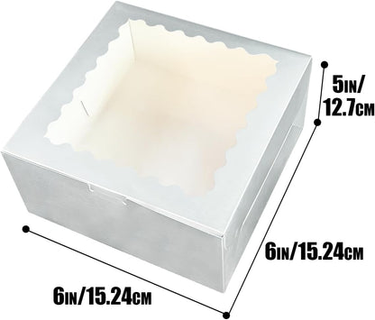 Bakepacker 36pcs 6x6x5 Inches with Window 18-Packs White 6 Inch Bakery Boxes (18 Cake Boxes +18 Cake Boards + 10 Meters Silk Ribbon Includes Included)
