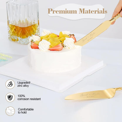 Wedding Cake Knife and Server Set, Personalized Gold Cake Cutting Set for Wedding, Engraved Classic Cake Knives Cutter Set, Pie Server, Birthday Bridal Quinceañera Gift (CUS-Flower)