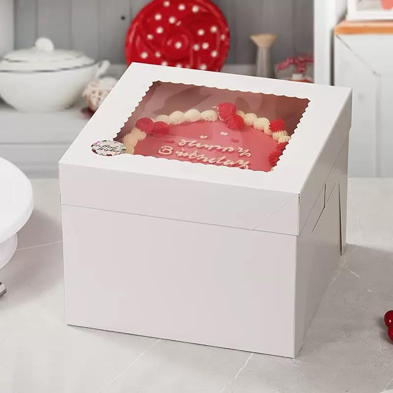 3 - Pack 8×8×8 Inch White Cake Boxes, Reinforced Cardboard with Scalloped Window, Perfect for Professional Bakery Presentation