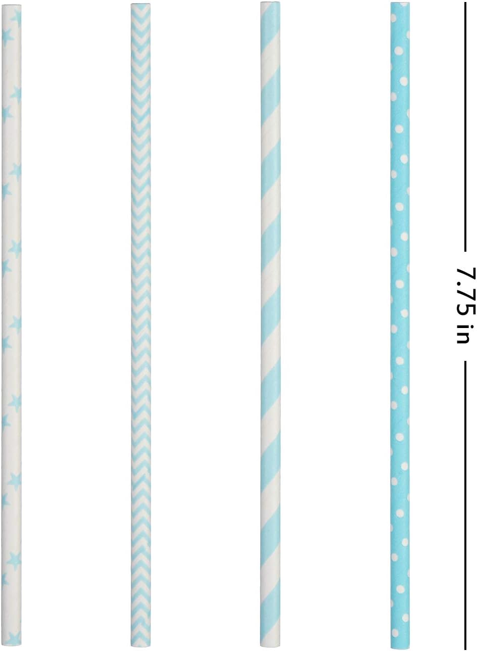 ALINK Biodegradable Light Blue White Paper Straws, Pack of 100 Party Straws for Juice, Cocktail, Smoothies, Birthday, Wedding, Bridal/Baby Shower and Christmas Decorations Supplies