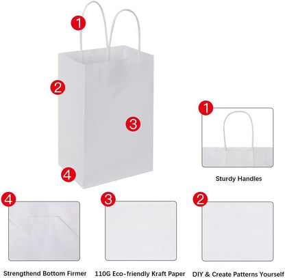 Oikss 100 Pack 5.25x3.25x8.25 Inch Small White Kraft Paper Bags with Handles Bulk for Birthday Wedding Party Favors Grocery Retail Shopping Business Goody Craft Gift Bags Cub Sacks (100pcs Count)