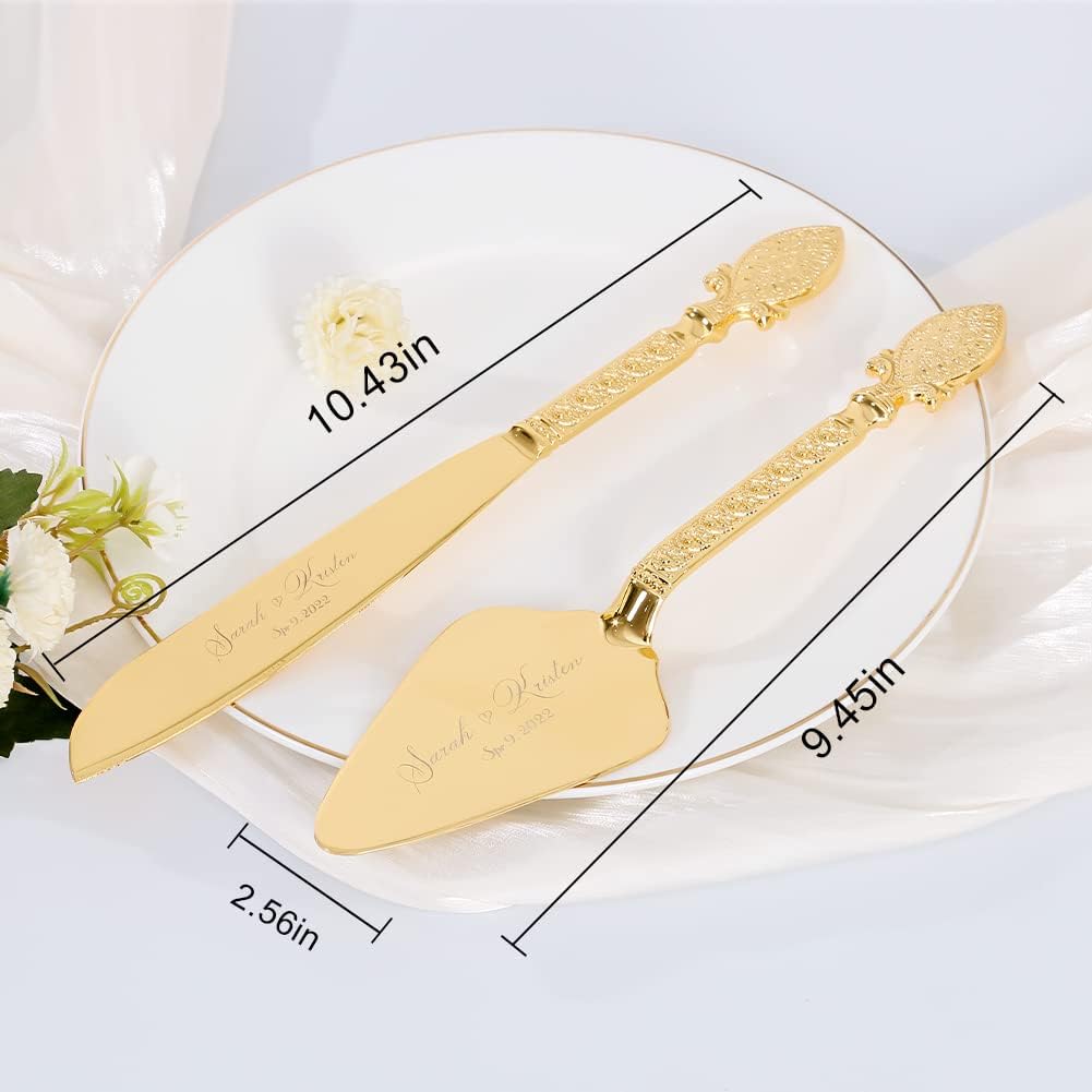 Cake Cutting Set for Wedding, Personalized Gold Cake Knife and Server Set, Custom Cake Serving Set, Engraved Pastry Pie Server Cake Pizza Cutter, Birthday Bridal Gift (F-Classic)