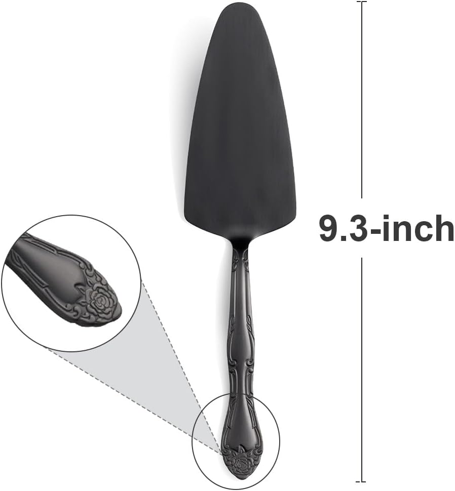 3-Piece Cake Server Set - 9.3-Inch Matte Black 430 Stainless Steel with Rose Handle Design - for Cake, Pie, Pizza, and Dessert Serving - Dishwasher Safe Pastry Server Set