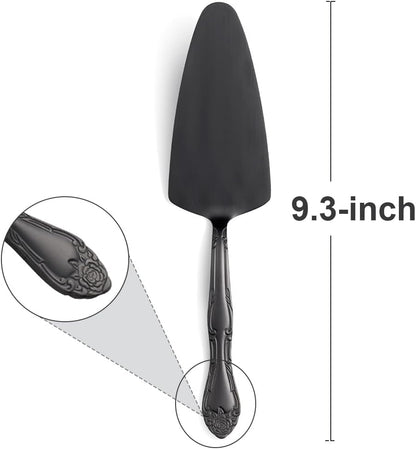 3-Piece Cake Server Set - 9.3-Inch Matte Black 430 Stainless Steel with Rose Handle Design - for Cake, Pie, Pizza, and Dessert Serving - Dishwasher Safe Pastry Server Set