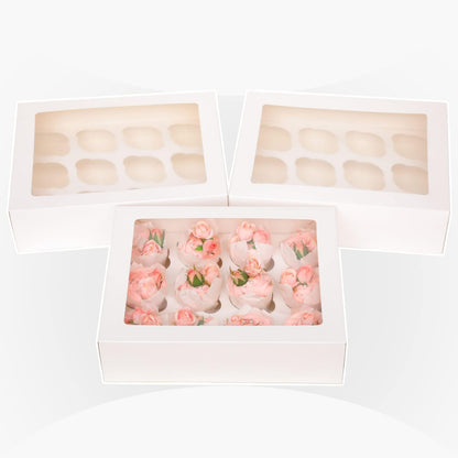 Bakepacker Auto-pop Up Cupcake Boxes with Window White 20PCS 12 Count Cupcake Box 13"x10"x3.5" Cupcakes Carrier, 12 Cupcake Containers with rolls of pink ribbons