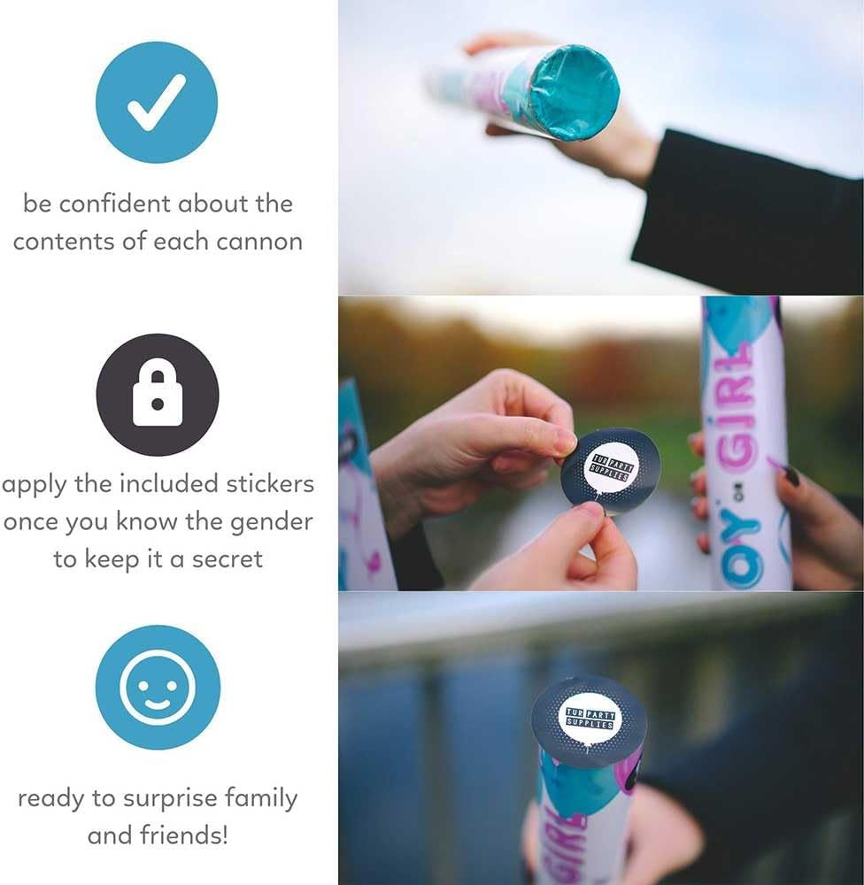 Gender Reveal Powder Smoke Bombs Cannon Poppers | 3 Pink & 3 Blue Poppers | Biodegradable | Alternative to Gender Reveal Smoke Bombs Extinguisher | Gender Reveal Party Decorations | TUR Party Supplies