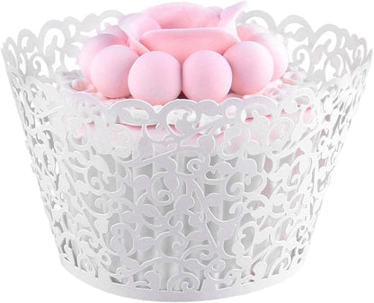 50 Pcs White Pearl Lace Laser Cut Filigree Wedding Cupcake Wrapper Baking Cake Cups Wraps Cupcake Muffin Case Trays for Special Occasions