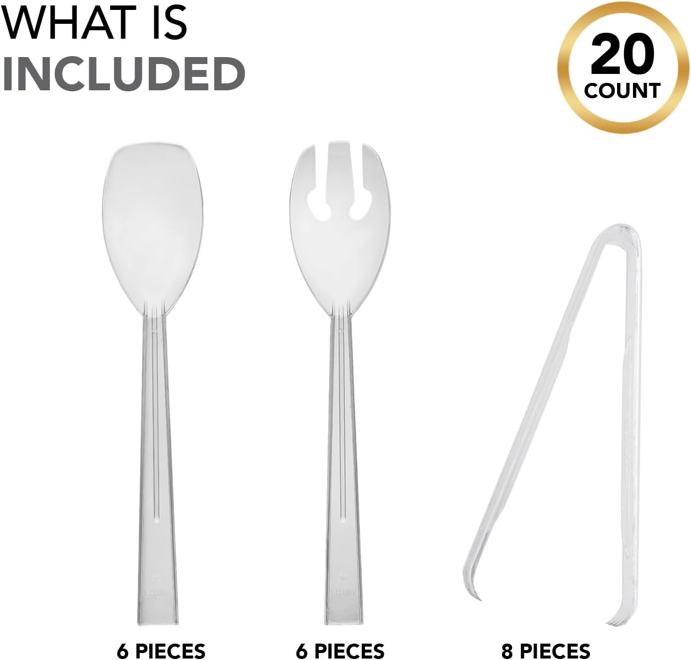 Party Essentials Plastic Party Buffet Serving Utensils Kit, Spoons/Forks/Tongs, 20-Piece, Clear