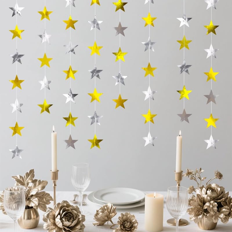 Iridescent Shining Star Hanging Garland Iridescent Hanging Sparkling Star Streamer Glitter Bunting Banner Twinkle Backdrop for Wedding Baby Shower Birthday Christmas Decorations 40 Feet