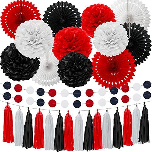 WILLBOND 29 Pcs Red and Black Decorations Paper Decoration Fan Pom Pom Honeycomb Flower Tissue Tassel Garland Theme Party Supplies for Graduation Birthday(White, Red, Black)