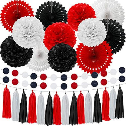 WILLBOND 29 Pcs Red and Black Decorations Paper Decoration Fan Pom Pom Honeycomb Flower Tissue Tassel Garland Theme Party Supplies for Graduation Birthday(White, Red, Black)