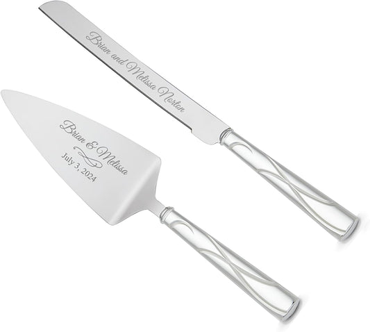 Lenox Bridal Adorn Silver Personalized Wedding Cake Cutting Set, Custom Engraved Wedding Cake Knife and Server Set for the Bride and Groom