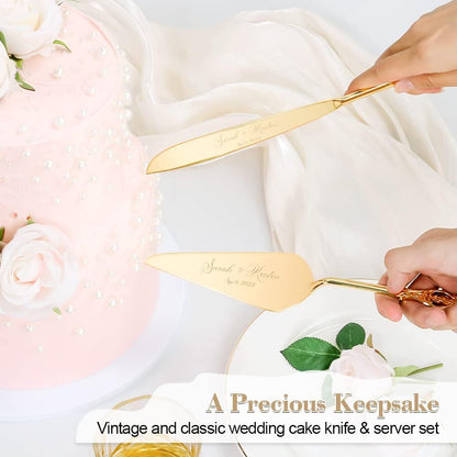 Wedding Cake Knife and Server Set, Personalized Gold Cake Cutting Set for Wedding, Engraved Classic Cake Knives Cutter Set, Pie Server, Birthday Bridal Quinceañera Gift (CUS-Flower)