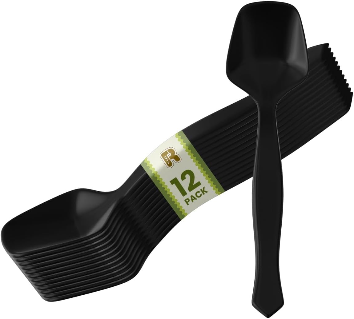 12 Pack Black Plastic Serving Spoons For Buffet 7.5 Inch - Black Plastic Serving Utensils For Hot And Cold Food - Disposable Serving Utensils For Parties, Holidays And Gatherings