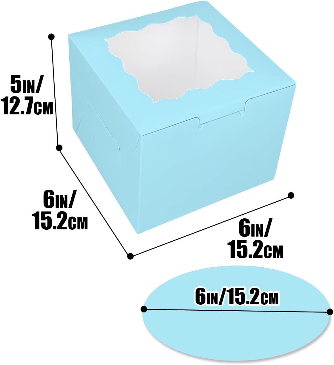 Bakepacker 36pcs 6x6x5 Inches with Window 18-Packs White 6 Inch Bakery Boxes (18 Cake Boxes +18 Cake Boards + 10 Meters Silk Ribbon Includes Included)