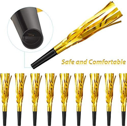 Sumind 24 Pcs Gold Noise Makers Metallic Fringed Party Blowers Horns Whistles Noisemakers Party Favors for Adults Birthday Graduation Sporting Events Celebration Surprise Supplies