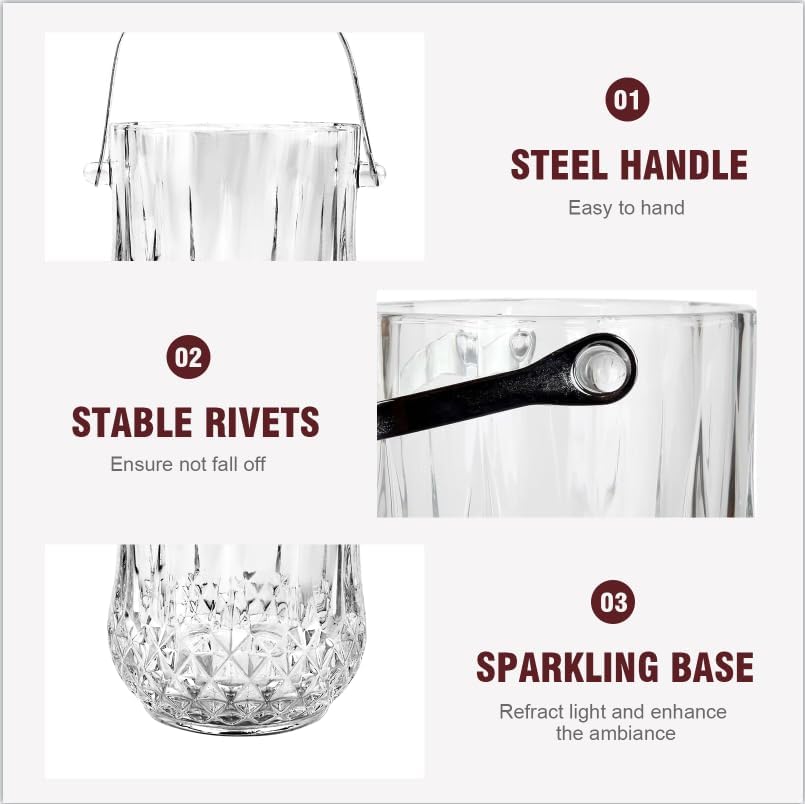 Lily's Home 1000ml -4.62" L x 4.62" W x 8.5" H - Glass Ice Bucket with Handle and Stainless Steel Tongs, Sparkling Ice Buckets, for Party,Wine Home Bar, Beer, Champagne, Cocktail Bar, Mini & Portable