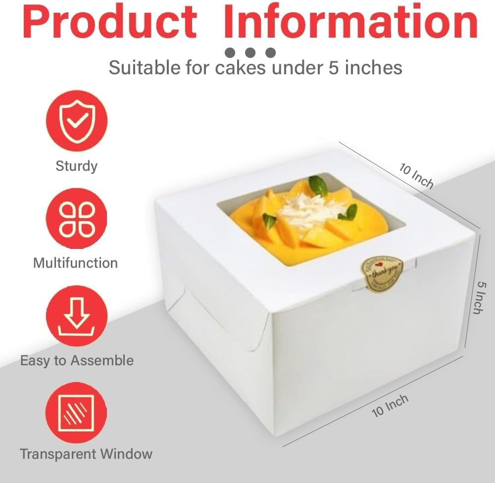 JBR & JM 5-Pack White Cake Boxes with Window - 10x10x5 Inches, Disposable Bakery Box for Cakes, Pastries, Desserts, Cookies - Square Cake Containers for Birthday Parties and Weddings