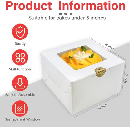 JBR & JM 5-Pack White Cake Boxes with Window - 10x10x5 Inches, Disposable Bakery Box for Cakes, Pastries, Desserts, Cookies - Square Cake Containers for Birthday Parties and Weddings