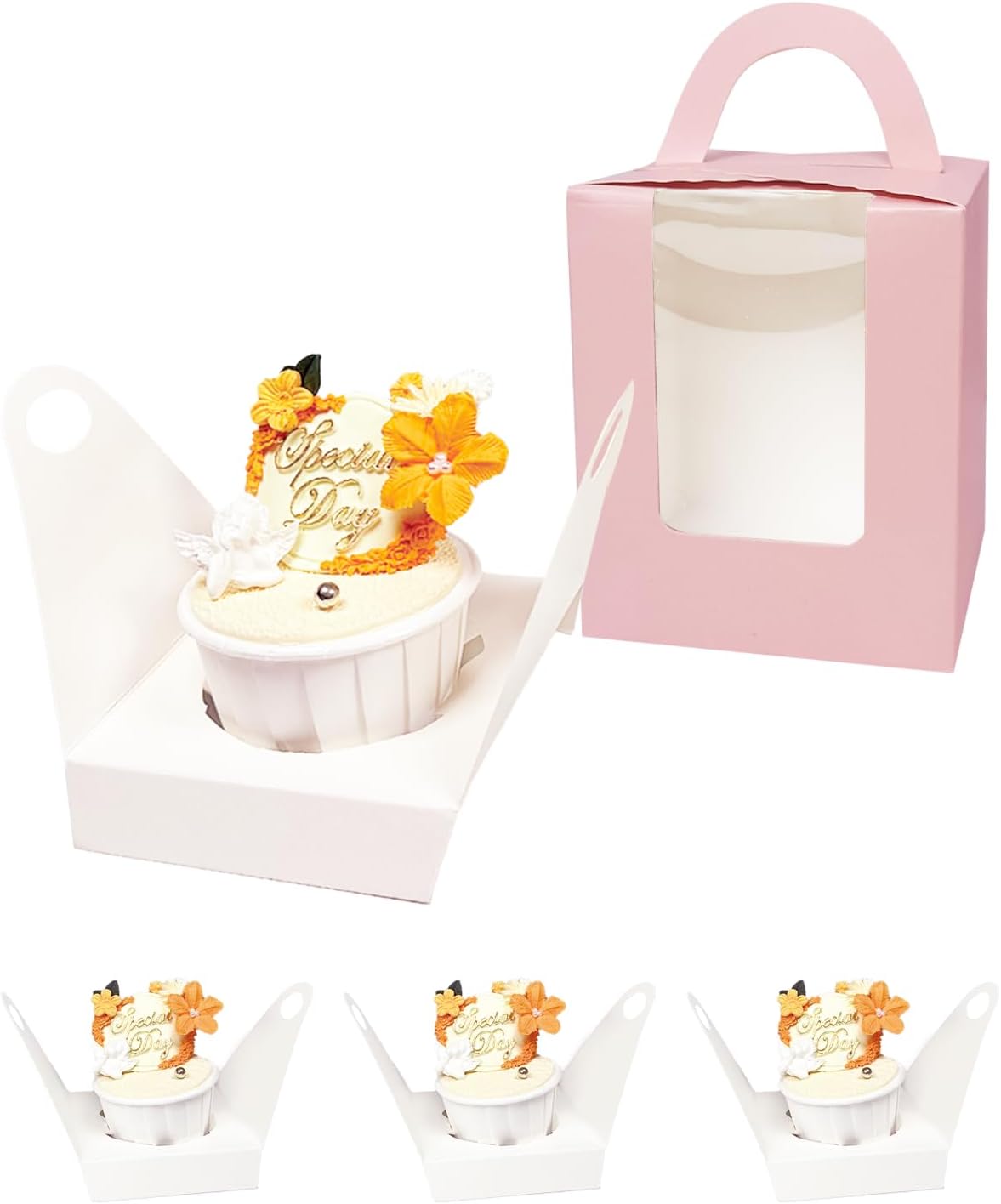 Bakepacker Auto-pop up Individual Cupcake Boxes with Window 60 Count Brown Single Cupcakes Box 3.7 x 3.7 x 4.3inch Cupcake Carrier