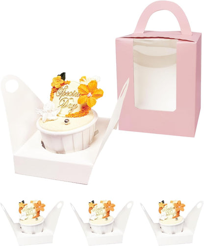 Bakepacker Auto-pop up Individual Cupcake Boxes with Window 60 Count Brown Single Cupcakes Box 3.7 x 3.7 x 4.3inch Cupcake Carrier