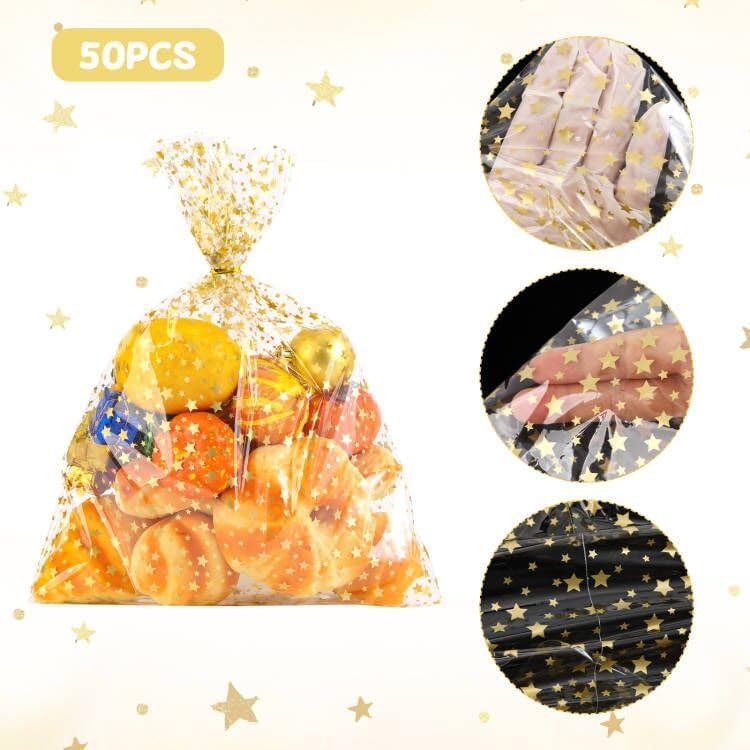 100 Pcs Star Printed 5"X 7" Gift Wrap Cello Cellophane Treat Bags Party Favor bags Clear Candy Cookie Bag Plastic Poly Goodie Storage Bag with Twist Ties for Bakery,Birthday, Wedding ,Party Decorations (Gold)