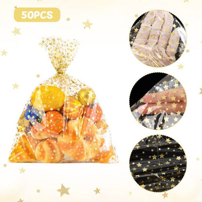100 Pcs Star Printed 5"X 7" Gift Wrap Cello Cellophane Treat Bags Party Favor bags Clear Candy Cookie Bag Plastic Poly Goodie Storage Bag with Twist Ties for Bakery,Birthday, Wedding ,Party Decorations (Gold)