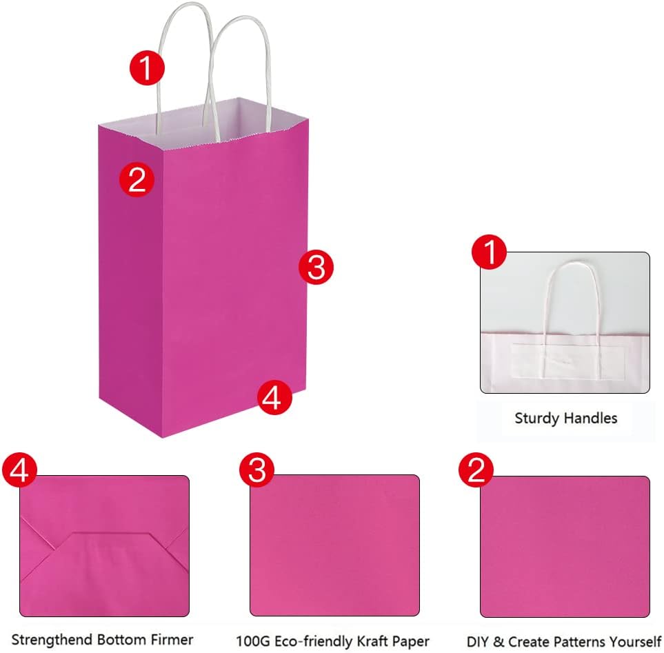 Oikss 100 Pack 5.25x3.25x8.25 Inch Small White Kraft Paper Bags with Handles Bulk for Birthday Wedding Party Favors Grocery Retail Shopping Business Goody Craft Gift Bags Cub Sacks (100pcs Count)
