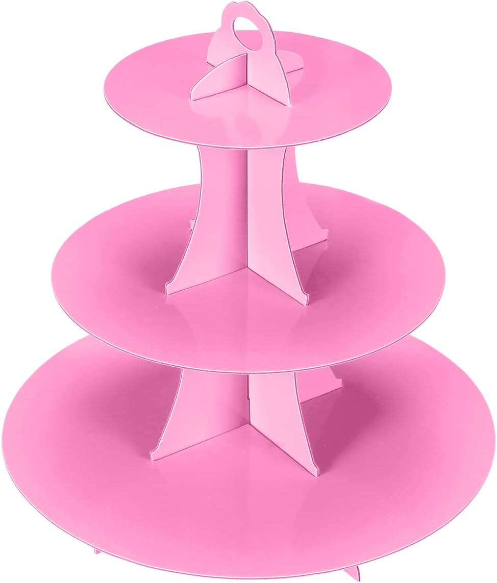 YLDW Cupcake Stand, 3-Tier Cupcake Stand Display, Cardboard Cup Cake Tower Stand, Disposable Dessert Stand for Birthday Tea Party Baby Shower Treat Decorations, Pink