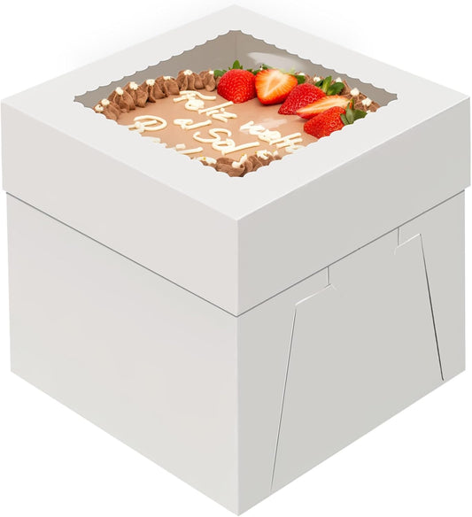 WINKIO 4 Pack Cake Boxes 12 Inch, Disposable Cake Transport Container, Cake Carrier, White Cake Holder with Large Window, for Bakery Cookies Pies Cupcakes Pastry (12×12×8 Inches)
