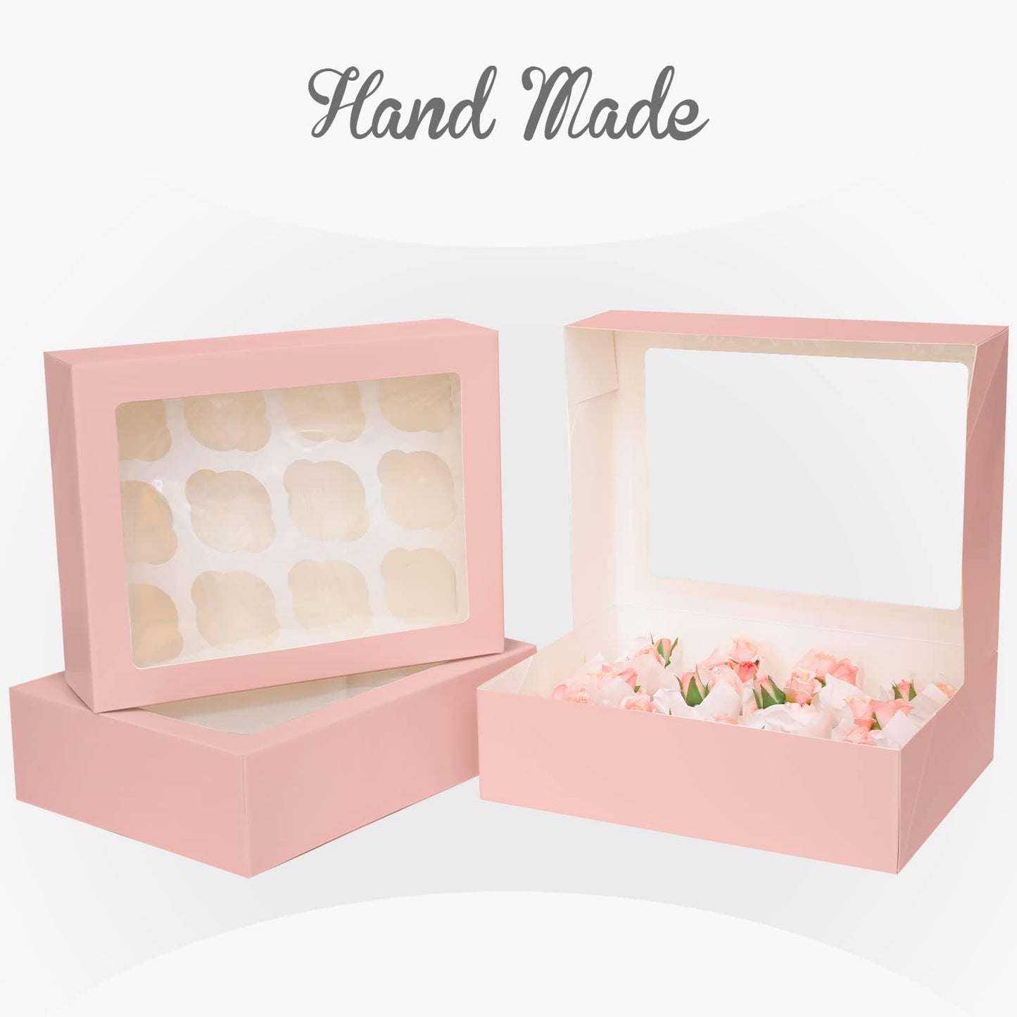 Bakepacker Auto-pop Up Cupcake Boxes with Window White 20PCS 12 Count Cupcake Box 13"x10"x3.5" Cupcakes Carrier, 12 Cupcake Containers with rolls of pink ribbons
