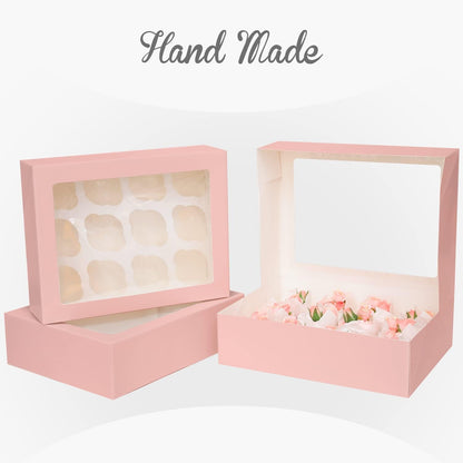qiqee Auto-pop Up Cupcake Boxes with Window White 40PCS 12 Count Cupcake Box 13"x10"x3.5" Cupcakes Carrier, 12 Cupcake Containers with 2 rolls of pink ribbons