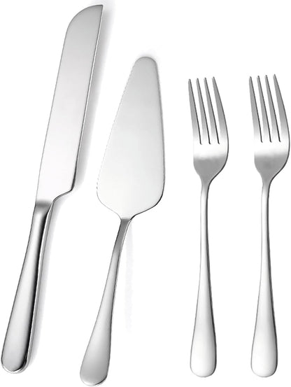 Wedding Cake Knife and Server Set, Cake Cutting Set with Stainless Steel Forks, Bridal Anniversary Birthday Wedding Registry Gifts (Silver)