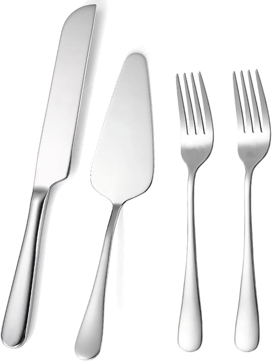 Wedding Cake Knife and Server Set, Cake Cutting Set with Stainless Steel Forks, Bridal Anniversary Birthday Wedding Registry Gifts (Silver)