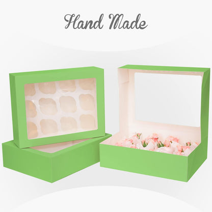 Bakepacker Auto-pop Up Cupcake Boxes with Window White 20PCS 12 Count Cupcake Box 13"x10"x3.5" Cupcakes Carrier, 12 Cupcake Containers with rolls of pink ribbons