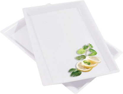 I00000 8 Pack White Plastic Serving Tray, 15" x 10" Rectangle Food Trays, Disposable Serving Platter for Parties, Internal Inclined Design Perfect for Weddings and Party