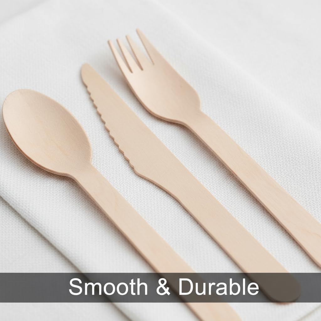 100% Compostable Cutlery Set - 150 Pieces Wooden Compostable Utensils [50 Forks, Knives, Spoons] - Disposable Wooden Cutlery, Eco Friendly Forks & Spoons Set Party Utensils