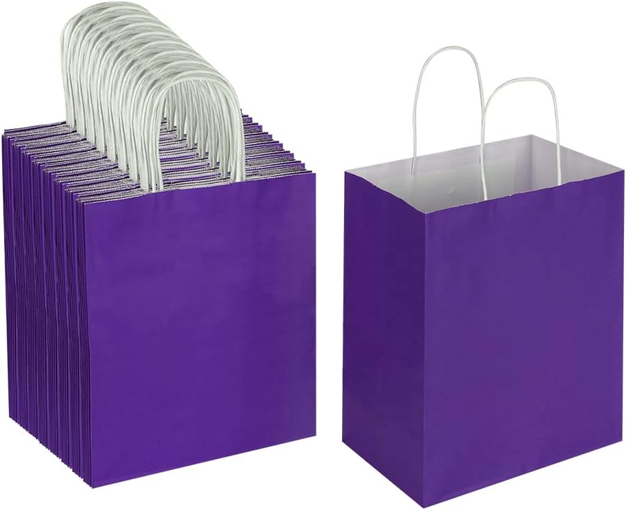 Oikss 100 Pack 8x4.75x10 Inch Medium Brown Kraft Paper Bags with Handles Bulk for Wedding Birthday Party Favors Grocery Retail Shopping Business Goody Craft Gift Bags Sacks (Plain Natural 100 Count)