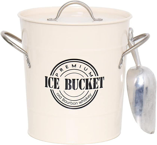 T586A 4L Cream White Metal Galvanized Double Walled Ice Bucket Set with Lid and Scoop
