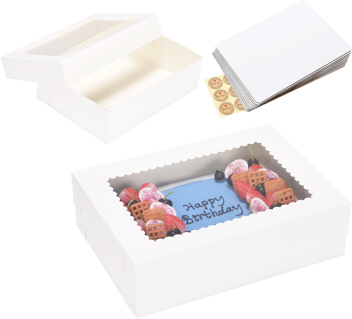 JJO 14x10x4 Inches 10 Pack Cake Boxes with Cake Board,White Bakery Boxes for Quarter Sheet Cakes,Donuts,Cupcakes, Brownie&Pie