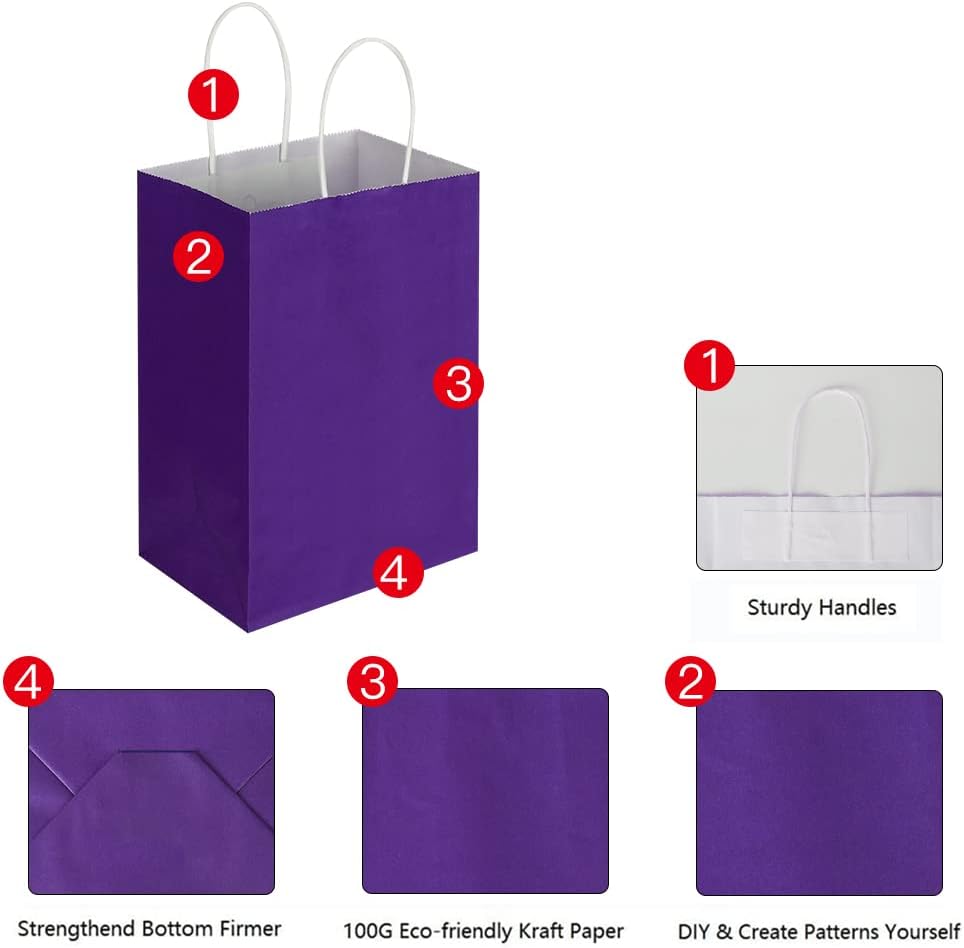 Oikss 100 Pack 5.25x3.25x8.25 Inch Small White Kraft Paper Bags with Handles Bulk for Birthday Wedding Party Favors Grocery Retail Shopping Business Goody Craft Gift Bags Cub Sacks (100pcs Count)
