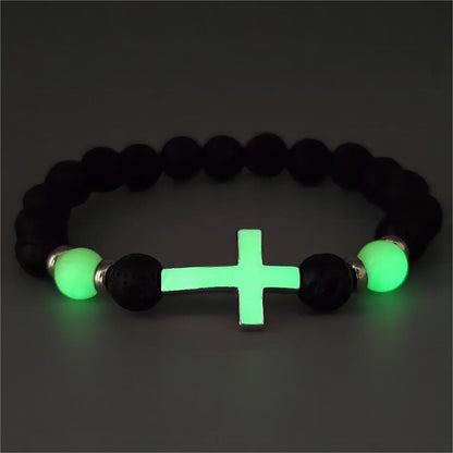 8mm Natural Volcanic Stone Bracelets for Men,Luminous Cross Bracelets,Healing Crystal Elastic Stretch Beads Bracelet,Religion Holy Communion Bracelet for Women