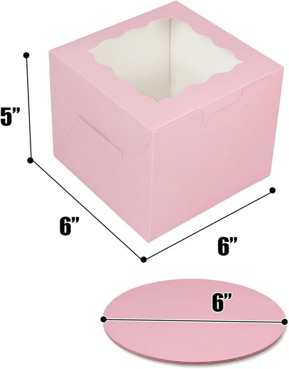 Bakepacker 36pcs 6x6x5 Inches with Window 18-Packs White 6 Inch Bakery Boxes (18 Cake Boxes +18 Cake Boards + 10 Meters Silk Ribbon Includes Included)