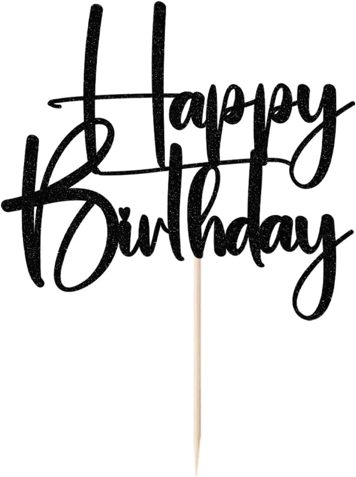 Happy Birthday Cake Topper,black Glitter Cake Pick Bunting Decor for Anniversary Birthday Party Cake Decorations Supplies