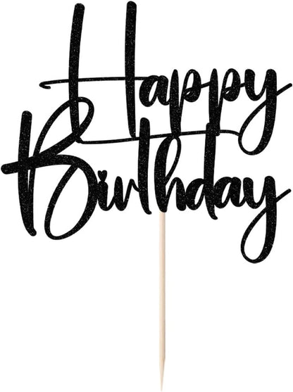 Happy Birthday Cake Topper,black Glitter Cake Pick Bunting Decor for Anniversary Birthday Party Cake Decorations Supplies