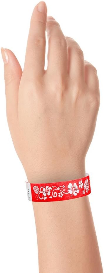 500 WristCo Red Hawaiian Flower Tyvek Wristbands for Events - Comfortable Tear Resistant Paper Bracelets ID Wrist Bands for Concerts Festivals Admission Party Identification