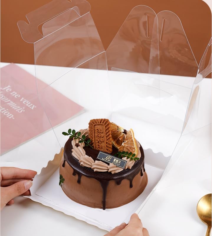 10Pcs Clear Cake Boxes with 10 Stickers and 1 Roll Ribbon,5.5X5.5 Inch Transparent Bakery Boxes Mini Cake Boxes Plastic Cupcake Candy Display Boxes for Home Wedding Birthday Party Baby Shower Favors